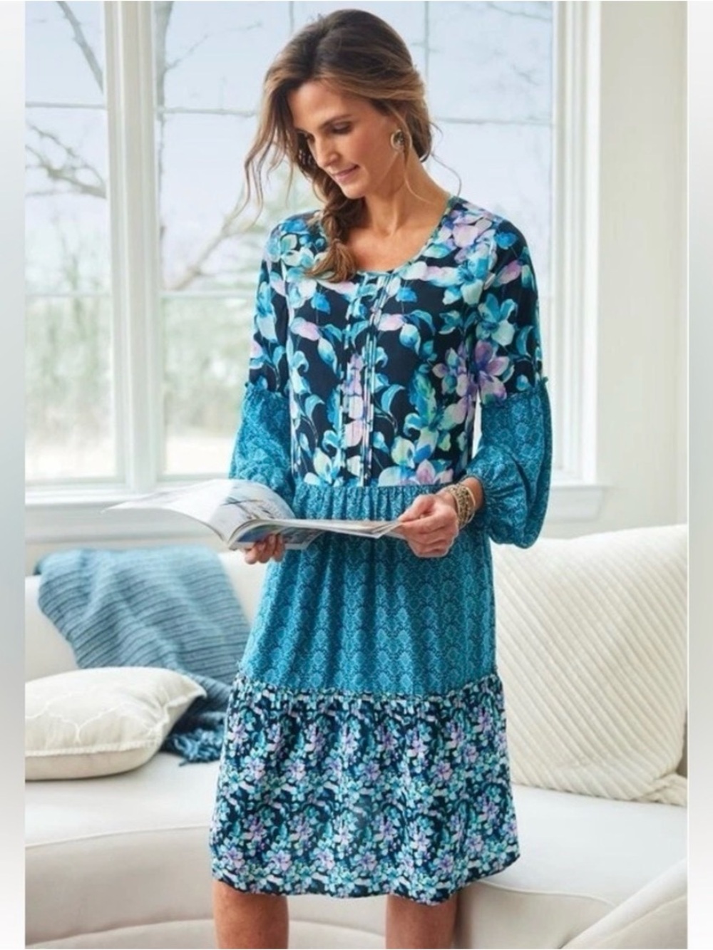 Soft Surroundings Night Blooms Tiered Boho Mixed Print Dress